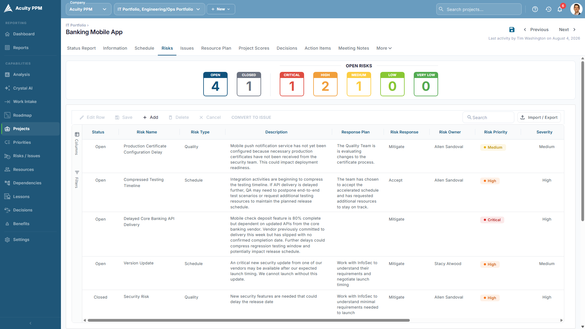 Acuity PPM Risk Log